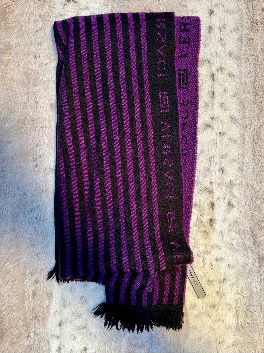 Vintage Versace Black and Purple Striped Fringe Scarf